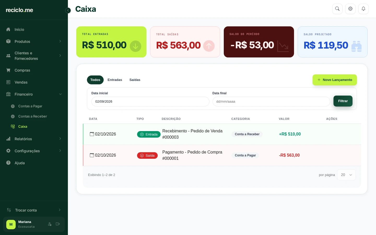 Tela do Caixa com as entradas, saídas e os saldos do período