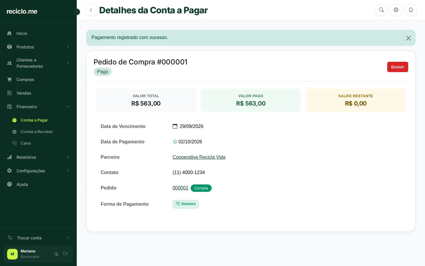 Conta a pagar com o status Pago e o saldo restante zerado
