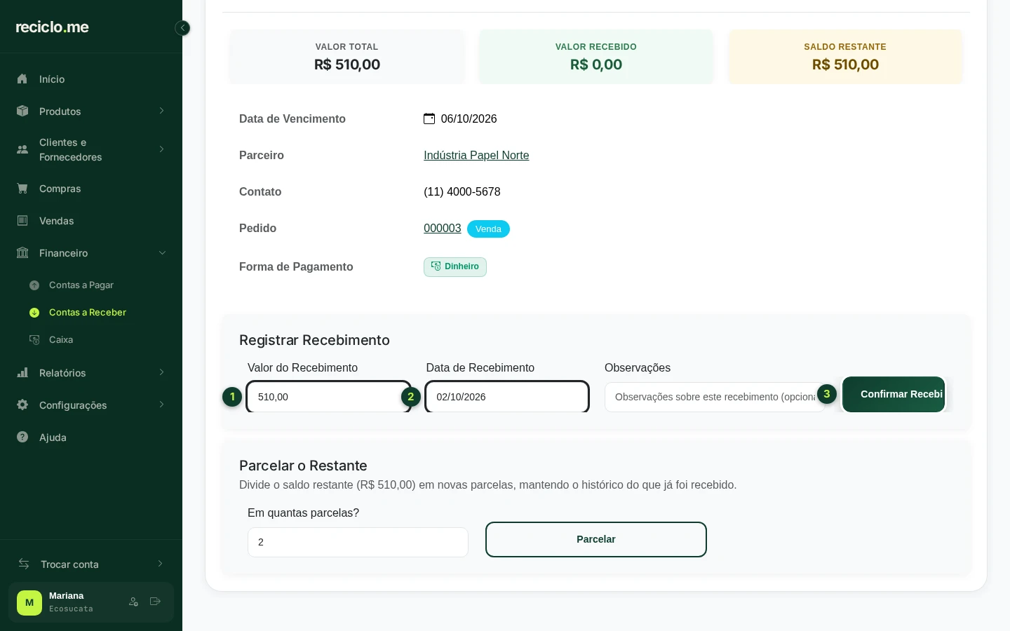 Detalhes da conta a receber com a área Registrar Recebimento em destaque
