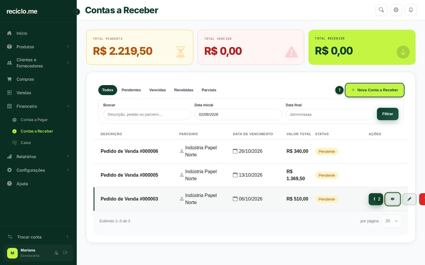 Tela de Contas a Receber com os totais pendente, vencido e recebido