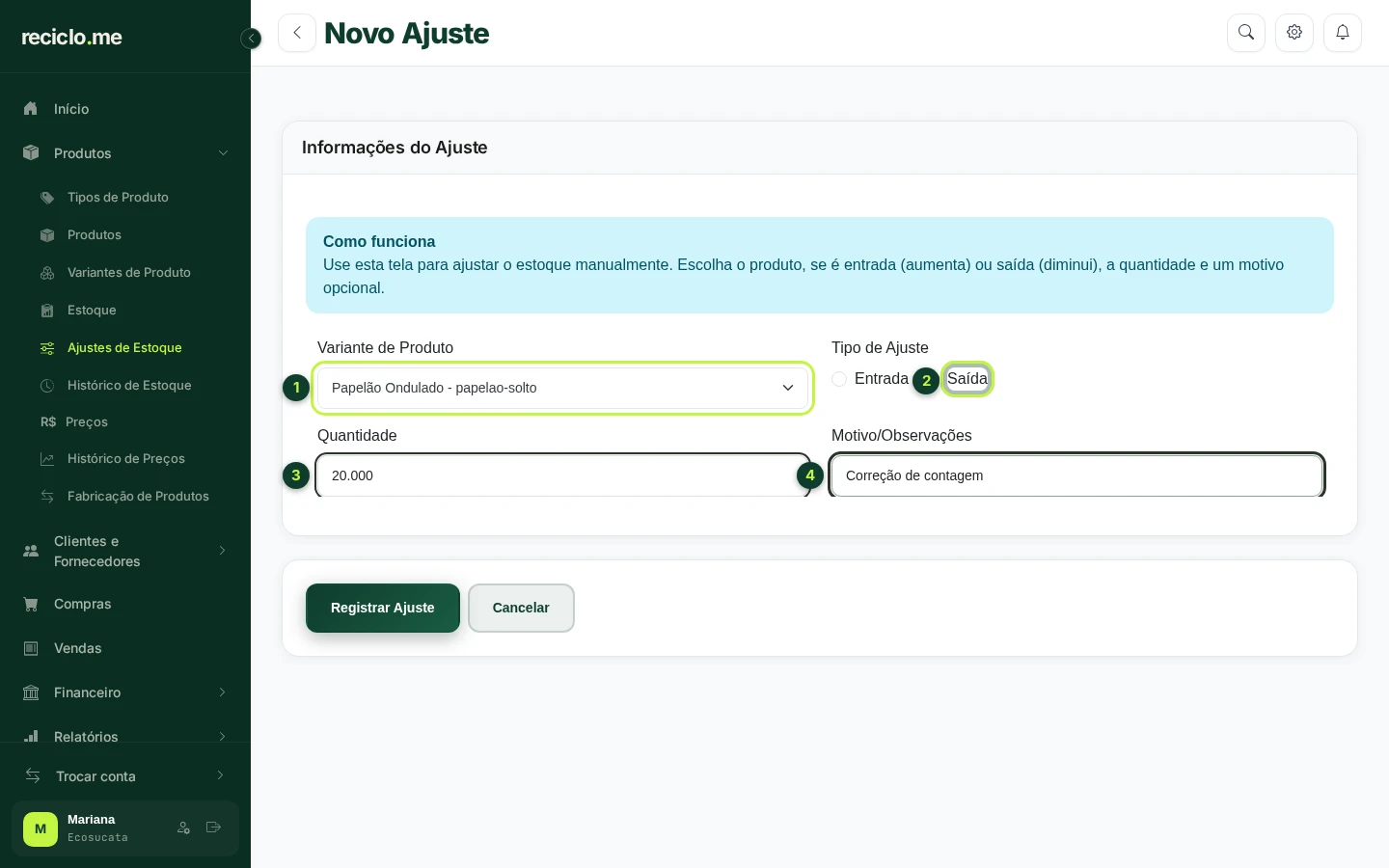 Formulário Novo Ajuste com variante, tipo de ajuste, quantidade e motivo preenchidos