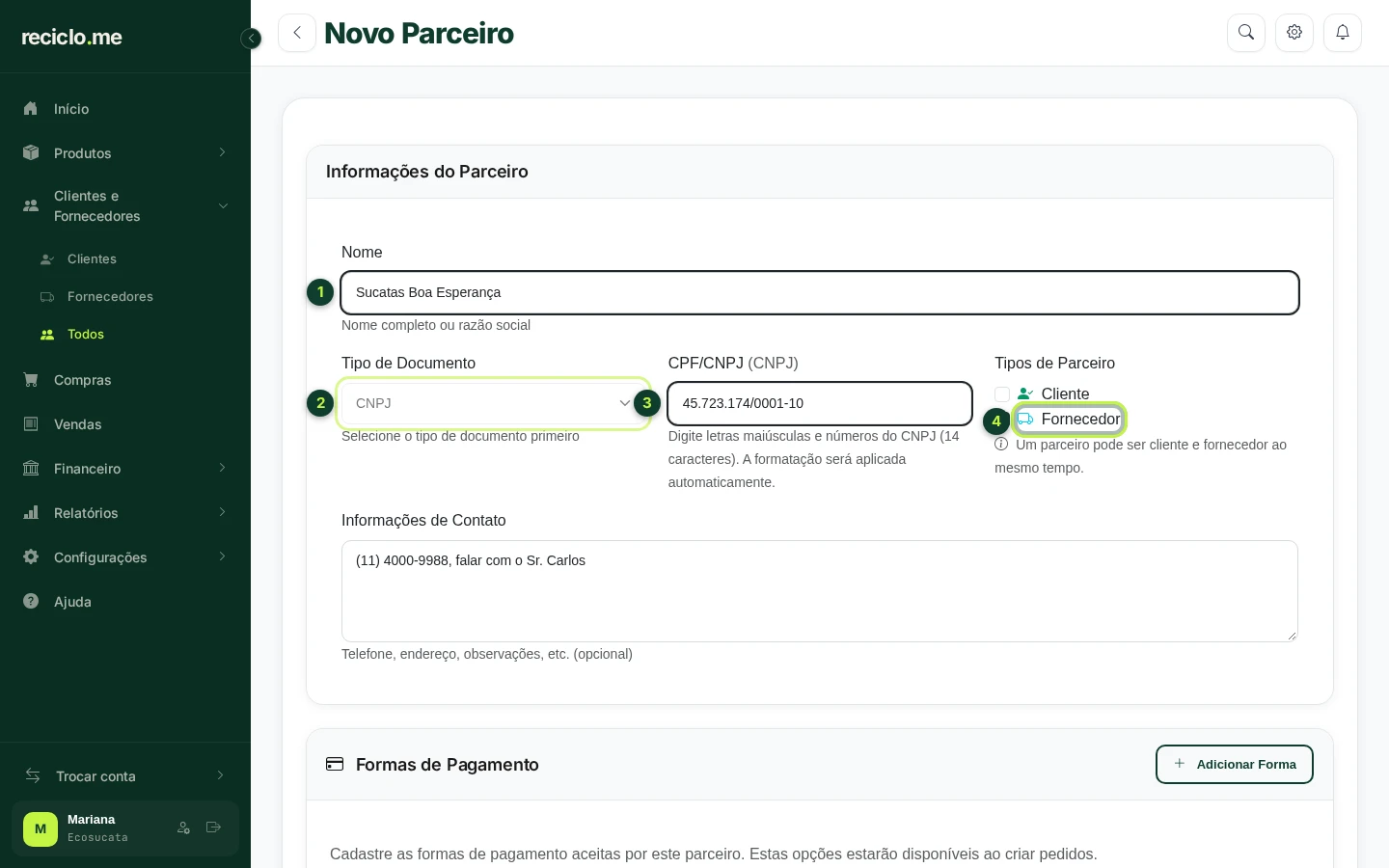 Formulário de novo parceiro com nome, documento e tipo preenchidos