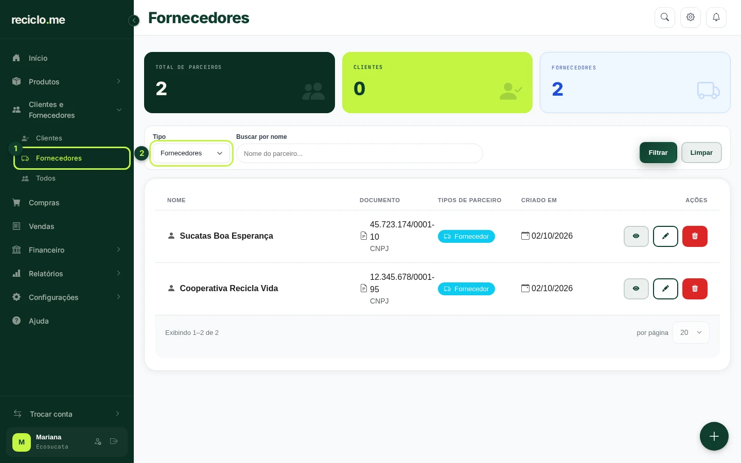 Lista de fornecedores com o atalho do menu e o filtro de tipo em destaque