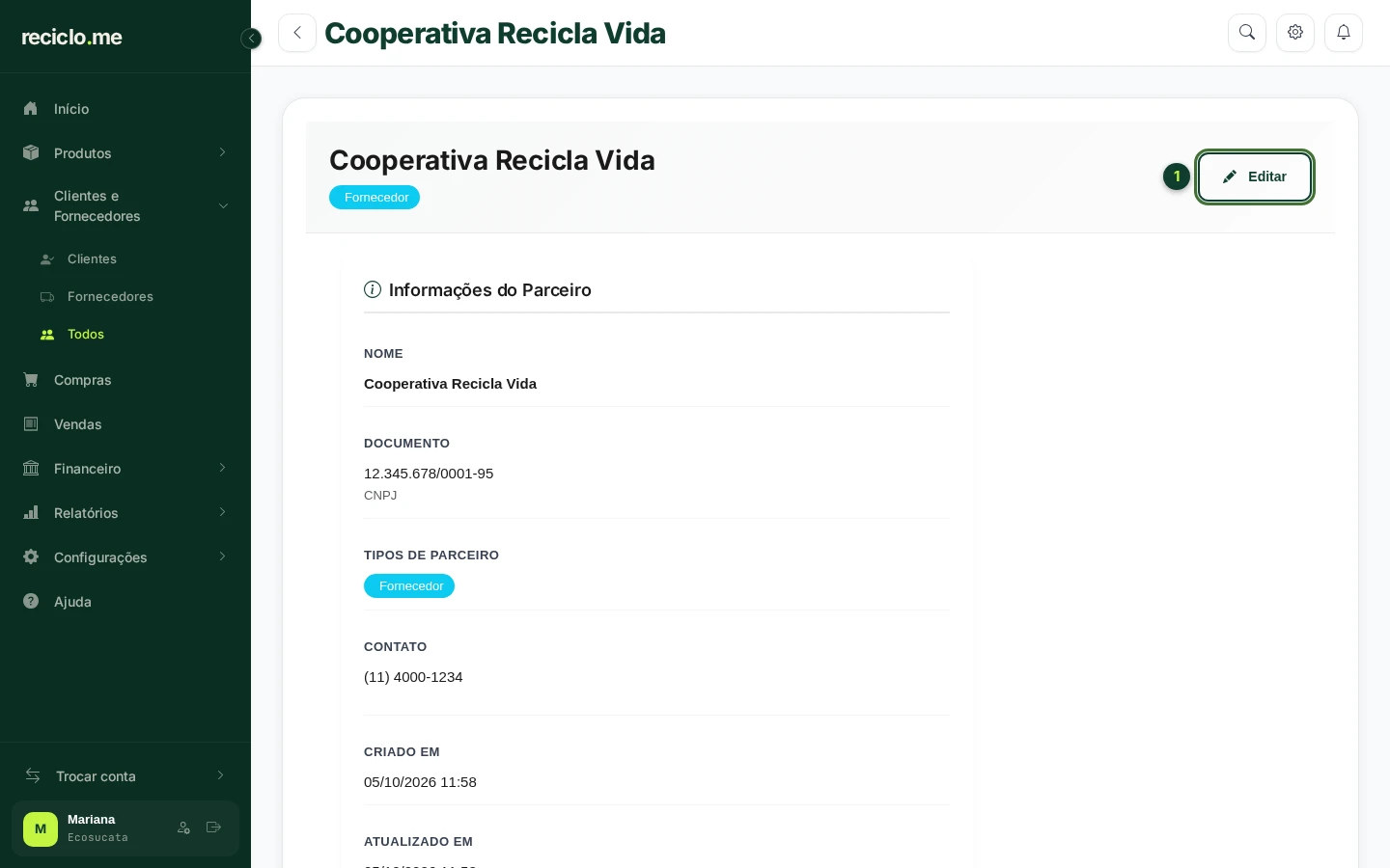 Tela de um fornecedor com o botão Editar em destaque no alto