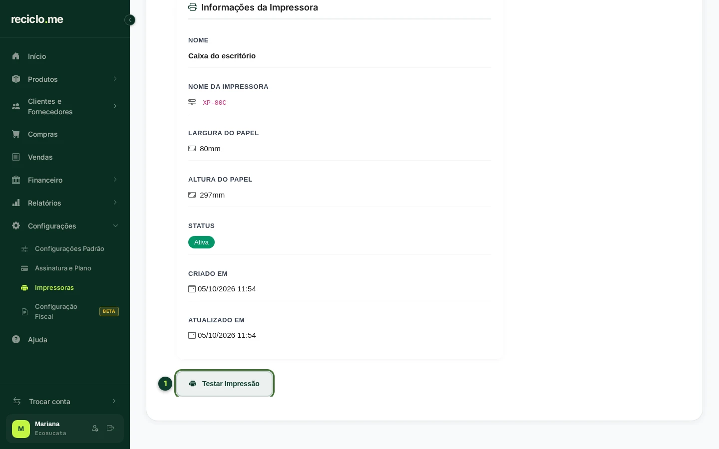 Tela da impressora cadastrada com o botão Testar Impressão em destaque