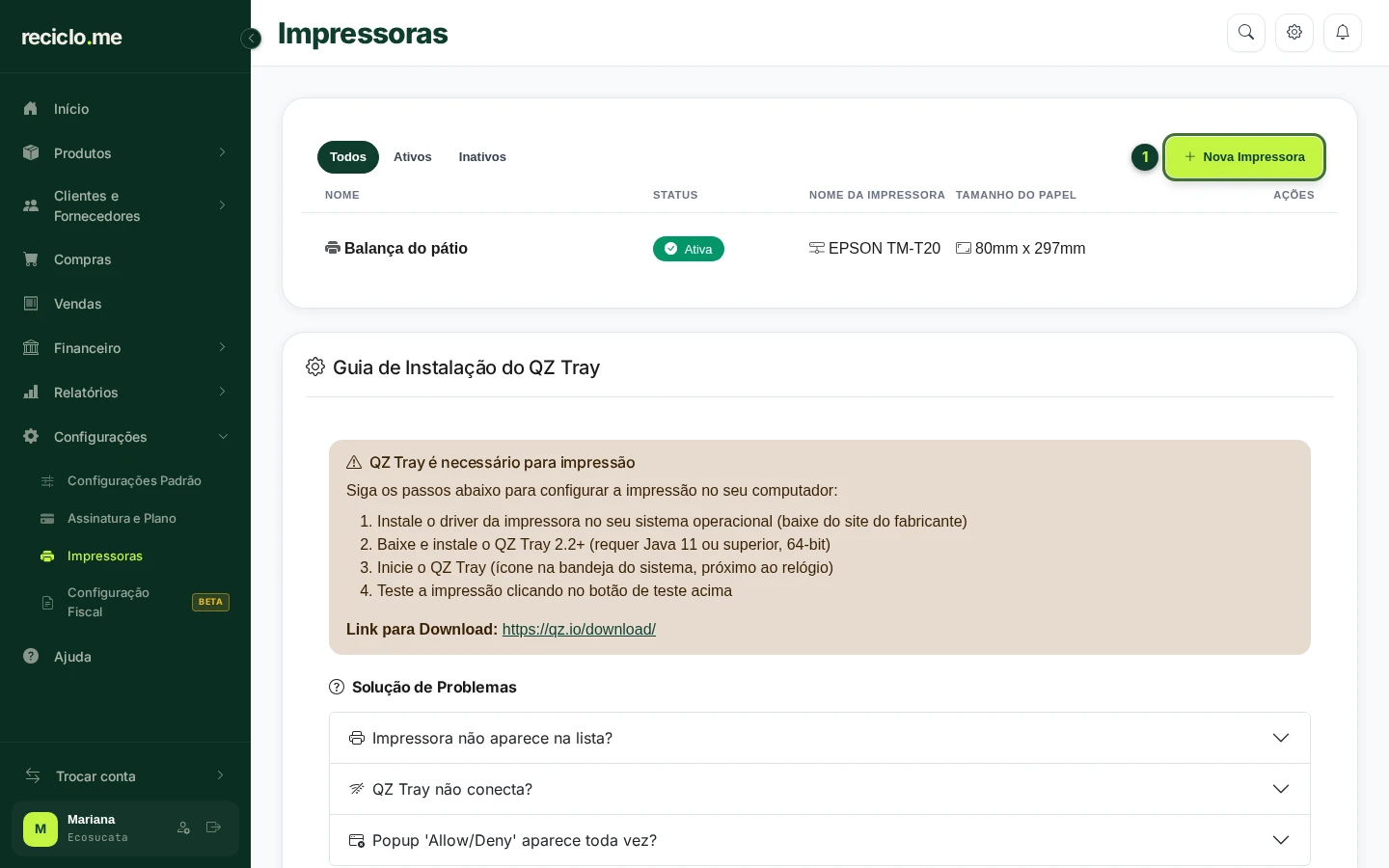 Tela Impressoras com a lista de impressoras, o botão Nova Impressora em destaque e o Guia de Instalação do QZ Tray abaixo