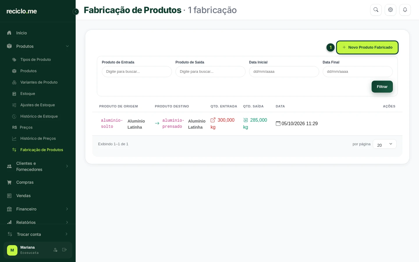 Tela Fabricação de Produtos com a lista de fabricações e o botão Novo Produto Fabricado em destaque