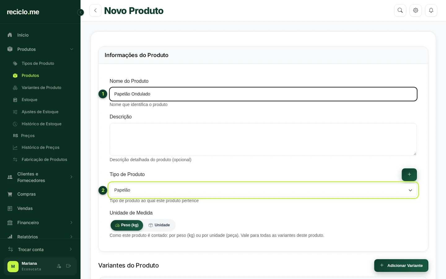 Formulário de novo produto com nome, tipo e unidade de medida preenchidos