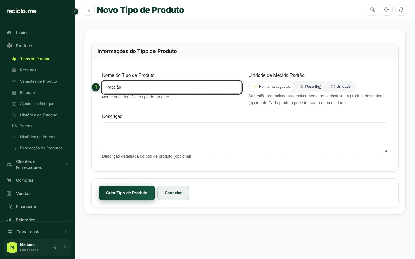 Formulário de novo tipo de produto com o nome Papelão preenchido