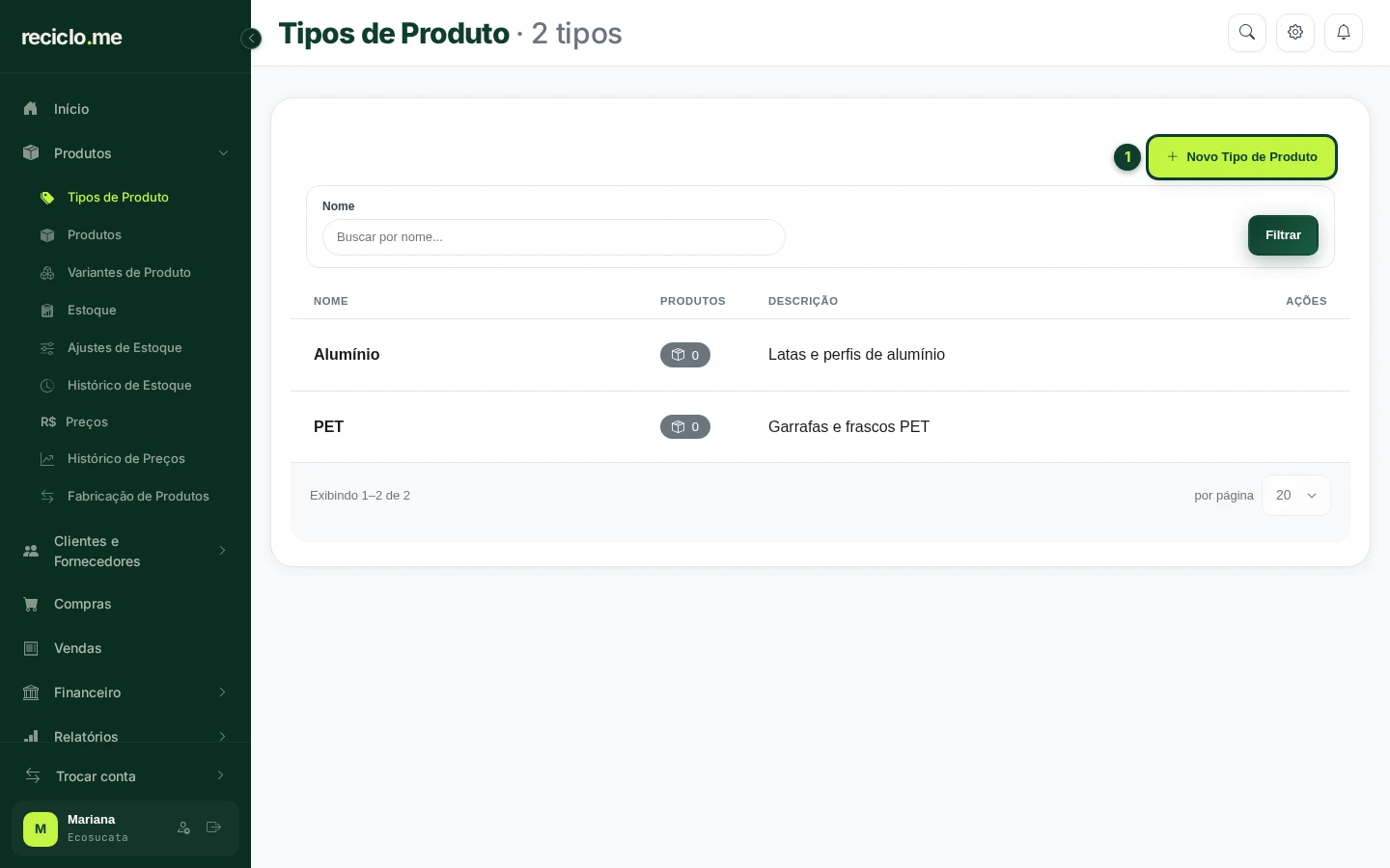 Tela de Tipos de Produto com o botão Novo Tipo de Produto em destaque