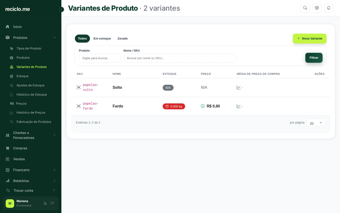 Lista de variantes mostrando as variantes Fardo e Solto