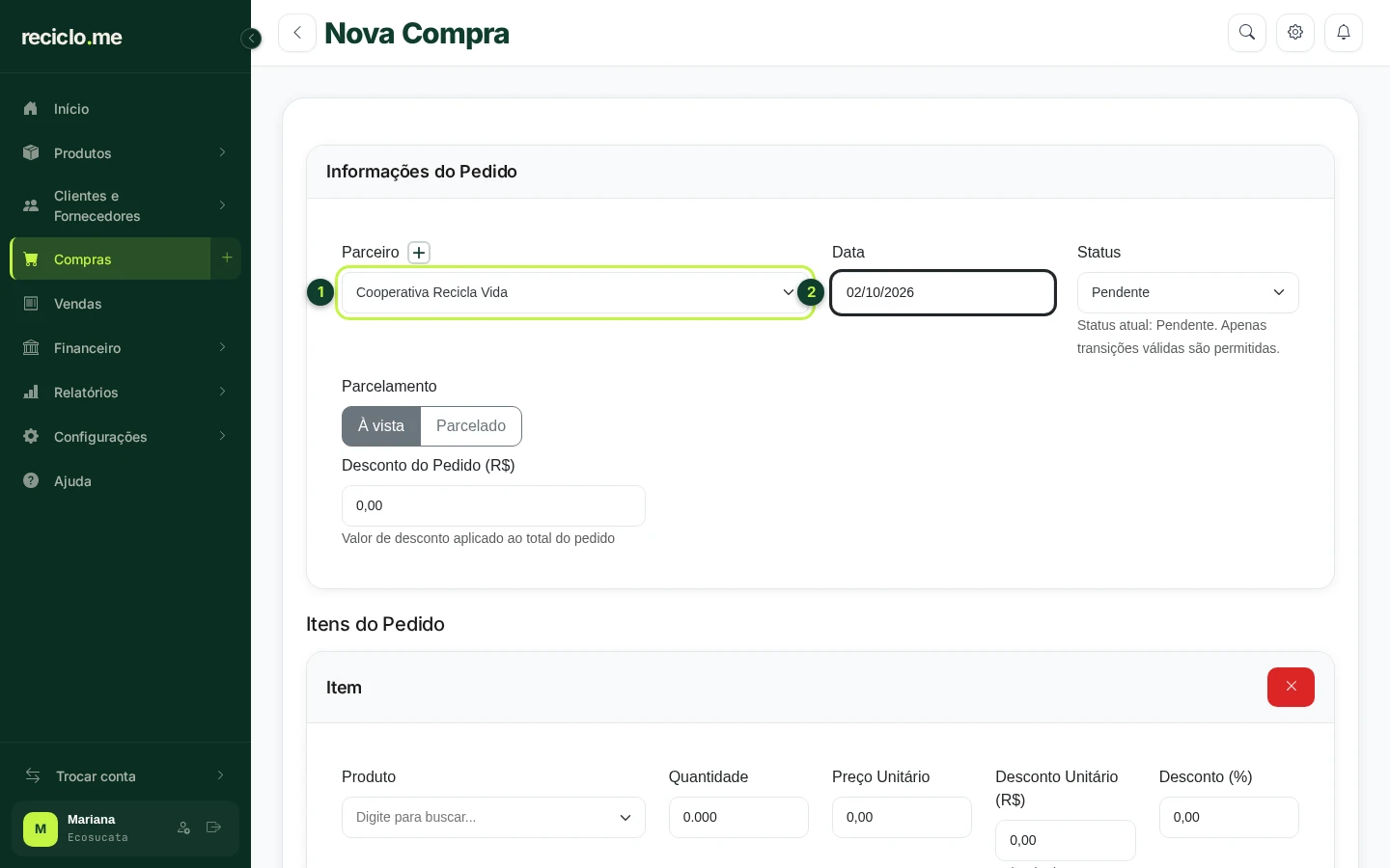 Formulário de nova compra com fornecedor e data preenchidos
