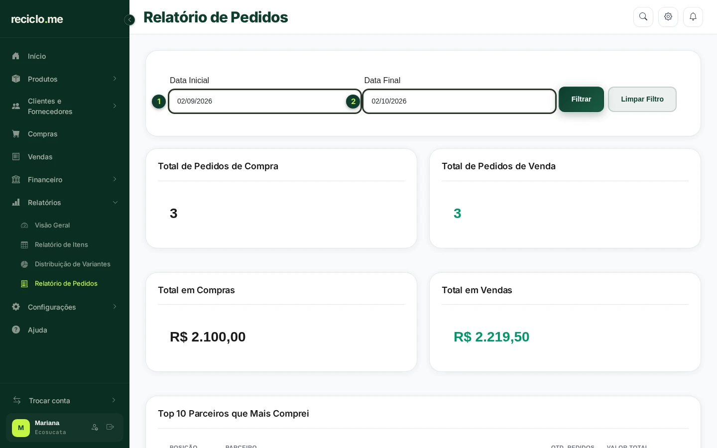 Relatório de Pedidos com os totais de compras e vendas e os campos de data em destaque