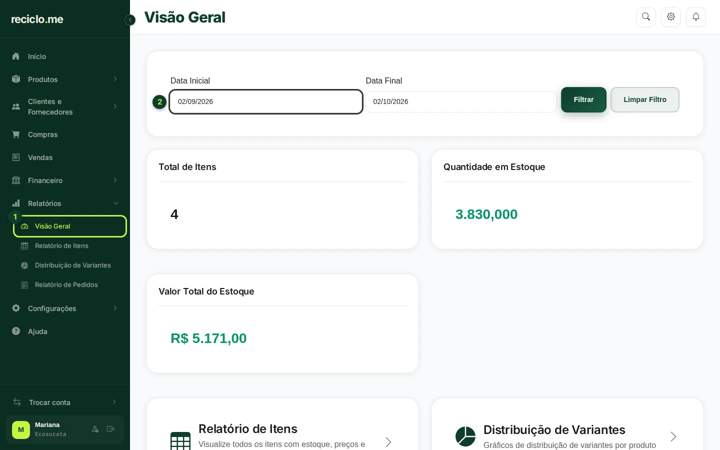 Tela Visão Geral dos relatórios com o menu Relatórios e o filtro de datas em destaque