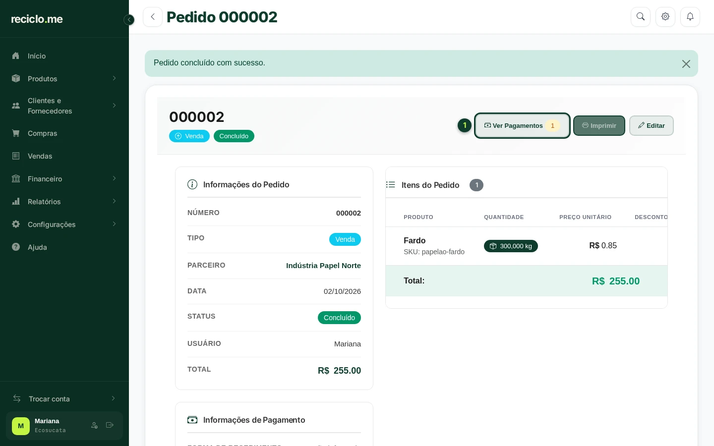 Pedido de venda concluído com o botão Ver Pagamentos em destaque