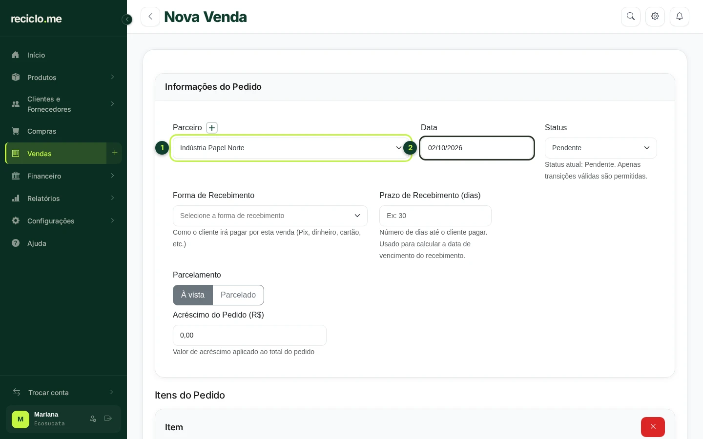 Formulário de nova venda com cliente e data preenchidos