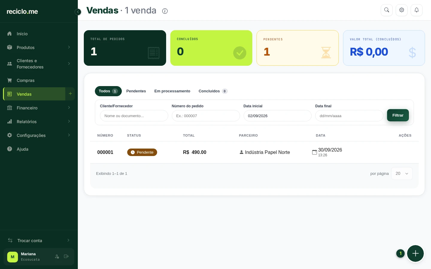 Tela de Vendas com o botão redondo de nova venda em destaque