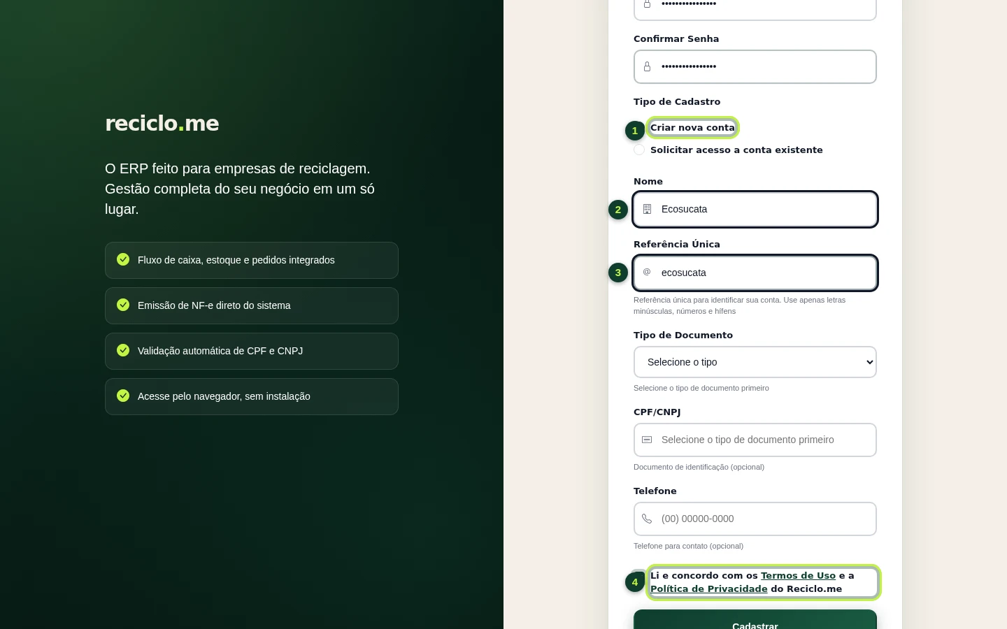 Parte final do cadastro com tipo de cadastro, nome da empresa, referência única e aceite dos termos