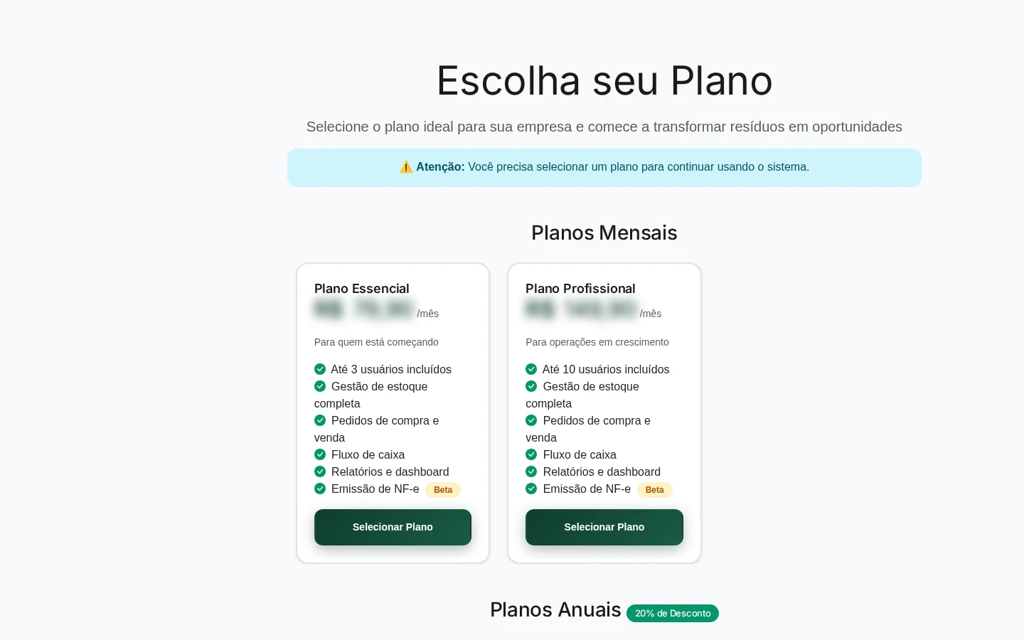 Tela Escolha seu Plano com os planos mensais e o botão Selecionar Plano